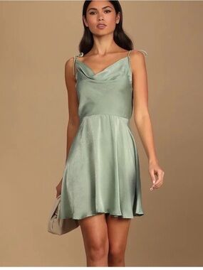 Lulu's Sage Green Satin Cowl-Neck Mini Dress